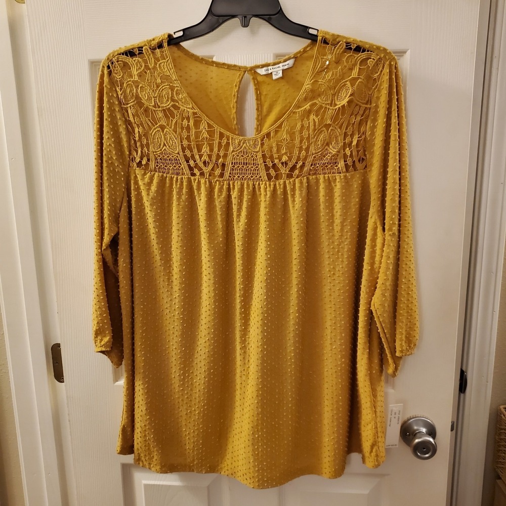 Zac and Rachel Woman 2X top 3/4 slv gold mustard texture lace boho fall peasant
